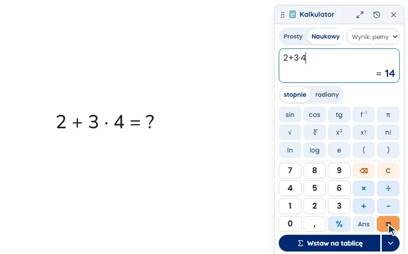 Kalkulator obok napisu 2 + 3 · 4 = ?. Tryb prosty liczy po kolei i daje 20, tryb naukowy daje 14.