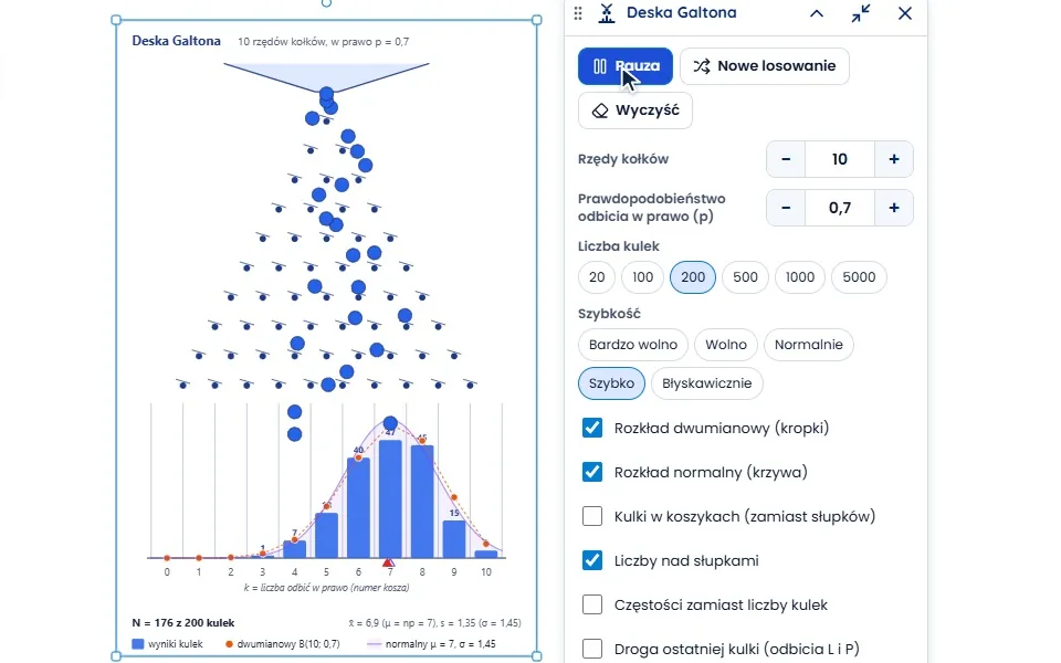 Deska Galtona: przy p = 0,5 kulki spadają symetrycznie pod krzywą, po zmianie na p = 0,7 nowe kulki i krzywa przesuwają się w prawo, a najwyższy słupek staje przy 7.