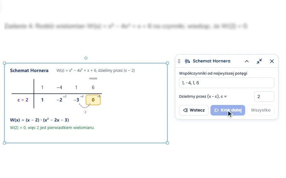 Obok rozmytej treści zadania schemat Hornera dla współczynników 1, −4, 1, 6 i c = 2 wypełnia się krok po kroku do reszty 0 i rozkładu (x − 2)(x² − 2x − 3), potem dla c = 3 cała tabela liczy się od razu.