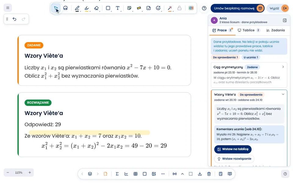 Z menu Więcej otwiera się panel ucznia z dwiema pracami domowymi. Rozwinięta praca do sprawdzenia pokazuje treść i komentarz ucznia, potem zadanie i rozwiązanie trafiają na tablicę, a zakreślacz zaznacza linijkę rozwiązania.