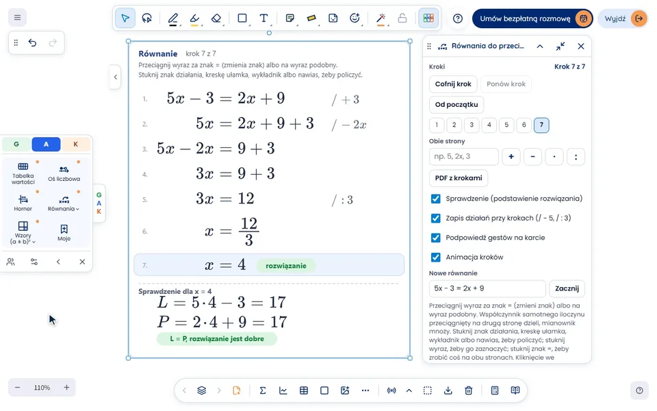 Na pustej tablicy w pasku działów A wybrane „Równania do przeciągania”, przykład 5x − 3 = 2x + 9. −3 przeciągnięte za znak = daje 5x = 2x + 9 + 3, 2x na lewą stronę 5x − 2x = 9 + 3, połączenie wyrazów podobnych 3x = 9 + 3, stuknięcie dodawania 3x = 12, współczynnik 3 na drugą stronę x = 12/3, kreska ułamka x = 4, a „Sprawdzenie” pokazuje L = 5·4 − 3 = 17 i P = 2·4 + 9 = 17.