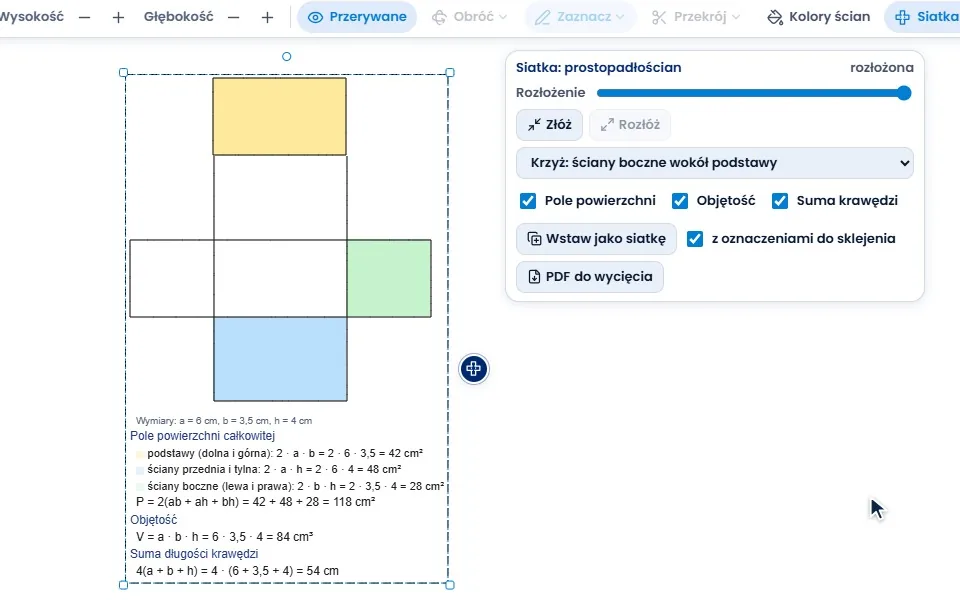 Prostopadłościan o wymiarach 6 cm, 3,5 cm i 4 cm: przednia ściana dostaje niebieski kolor, górna żółty, boczna zielony. Przeciągnięcie kółka rozkłada go w siatkę w kształcie krzyża, bez liter do sklejania; suwak składa ją do połowy i rozkłada z powrotem. Pod siatką pojawiają się obliczenia: pole powierzchni 118 cm², objętość 84 cm³ i suma długości krawędzi 54 cm. „Wstaw jako siatkę” stawia obok płaską siatkę z wymiarami i numerami krawędzi do sklejenia, a „PDF do wycięcia” daje kartkę A4 z siatką w skali 1:1, zakładkami do klejenia i odcinkiem 5 cm do sprawdzenia wydruku.