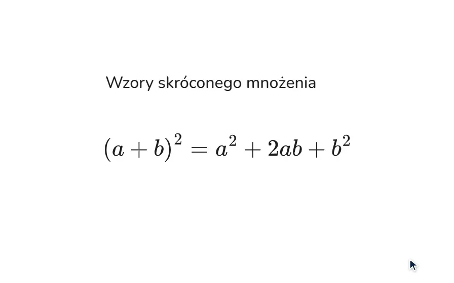 W oknie Wstaw wzór wpisuje się (a+b)^2=a^2+2ab+b^2 z podglądem jak w podręczniku, a Wstaw na tablicę stawia wzór pod tytułem.